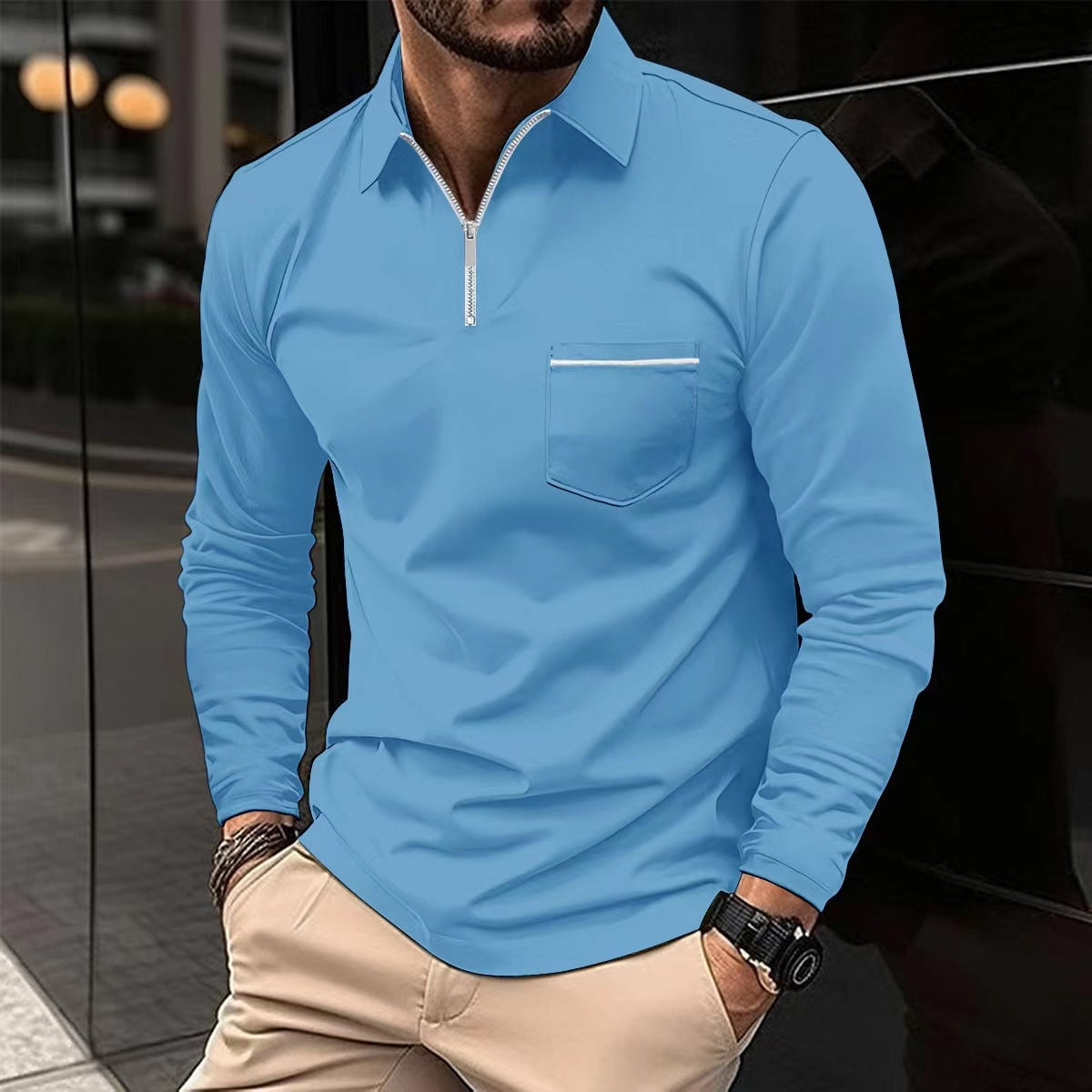 Polo Shirt Zipper Men's Long Sleeve Polo Shirt