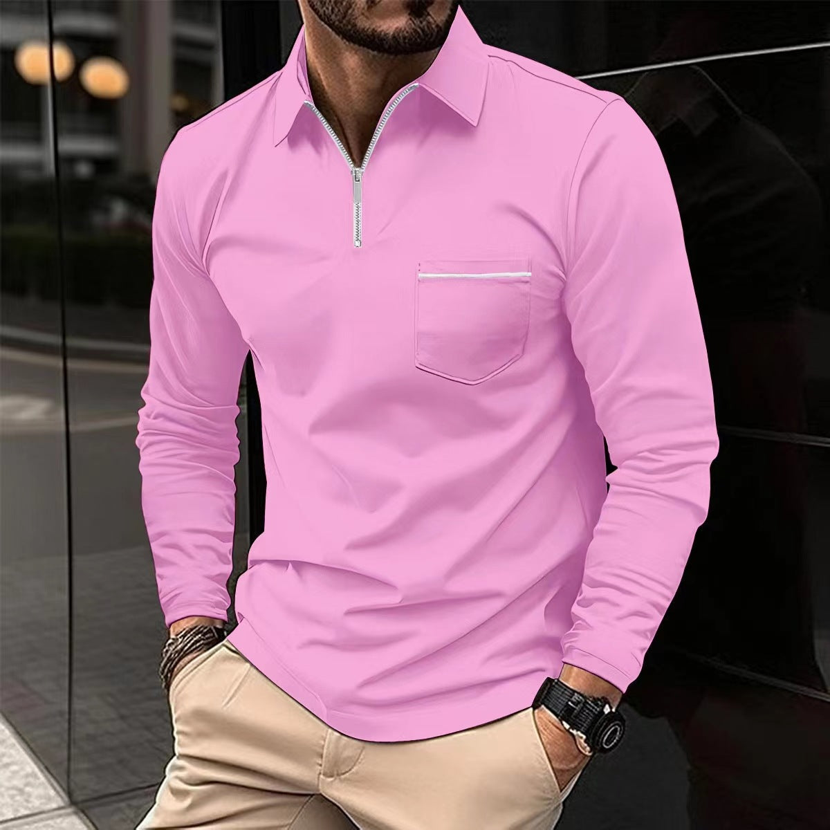 Polo Shirt Zipper Men's Long Sleeve Polo Shirt