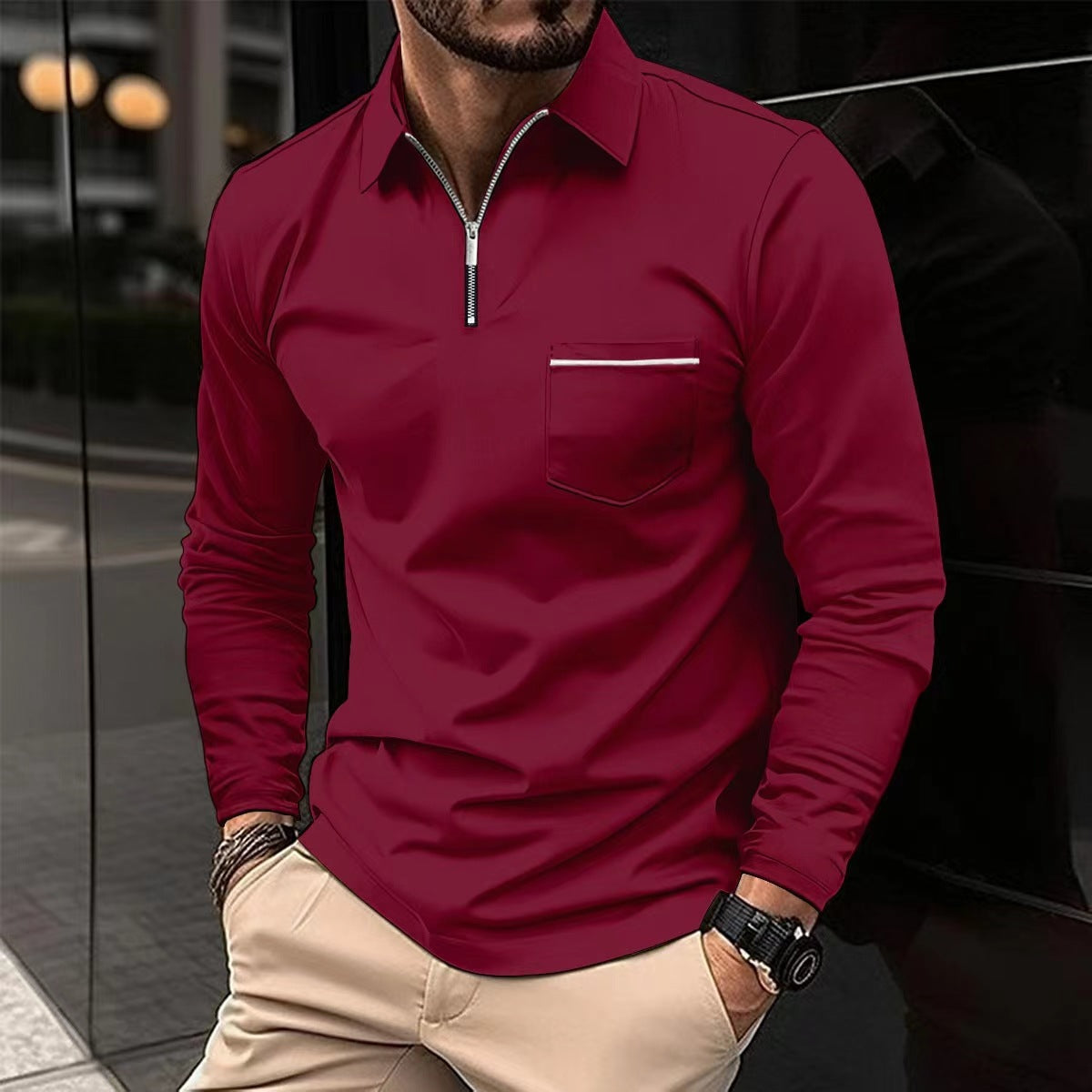 Polo Shirt Zipper Men's Long Sleeve Polo Shirt